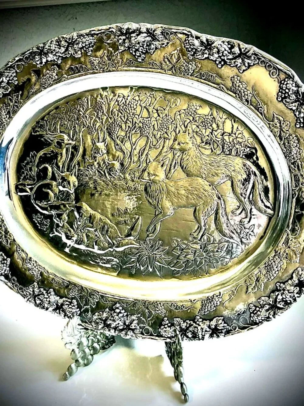 ARTHUR COURT Rare Signed LTD 1990 Oval Serving Tray Platter Grapes Foxes Pattern